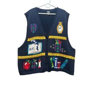Vintage Jacque & Koko Novelty Teacher Elementary Knit Sweater Vest XL-3XL Blue